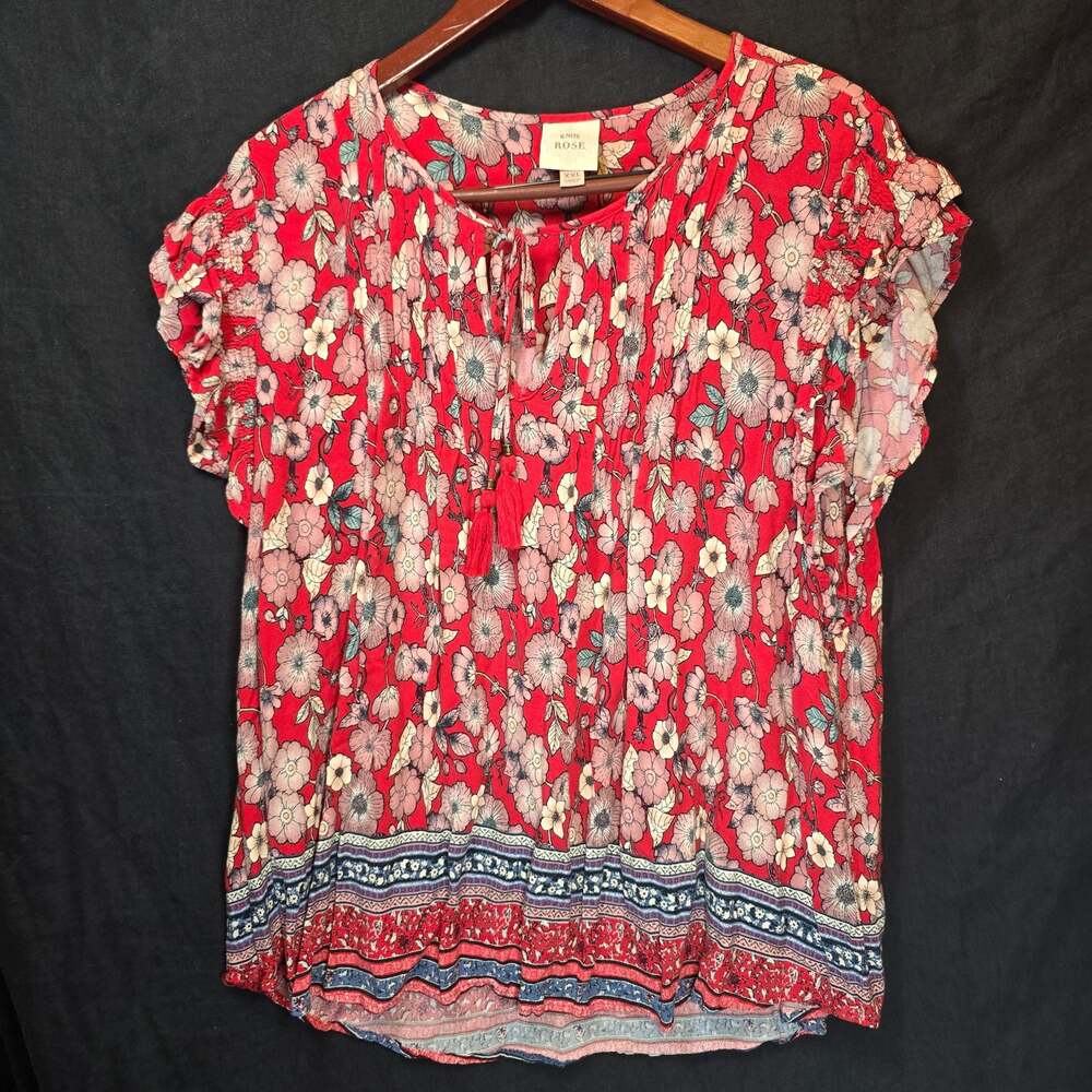 Knox Rose Red Floral Tassel Peasant Blouse